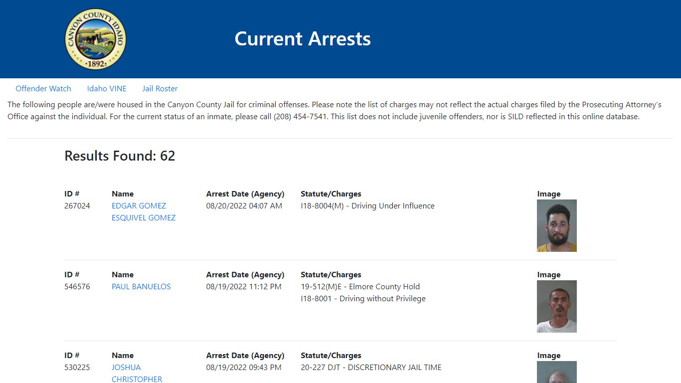 Current Arrests - Canyon County, Idaho